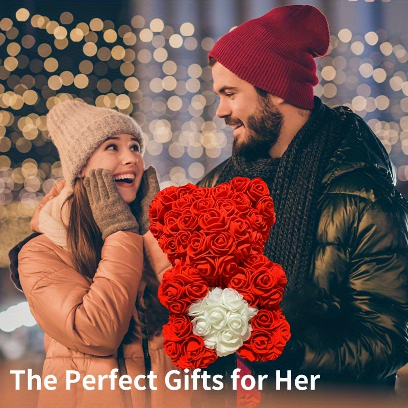 Valentine's Day Artificial Rose Bear - Mother's Day, Christmas, Hanukkah, Thanksgiving Gift - Plastic Forever Roses Home Decor for Proposal, Anniversary, Girlfriend