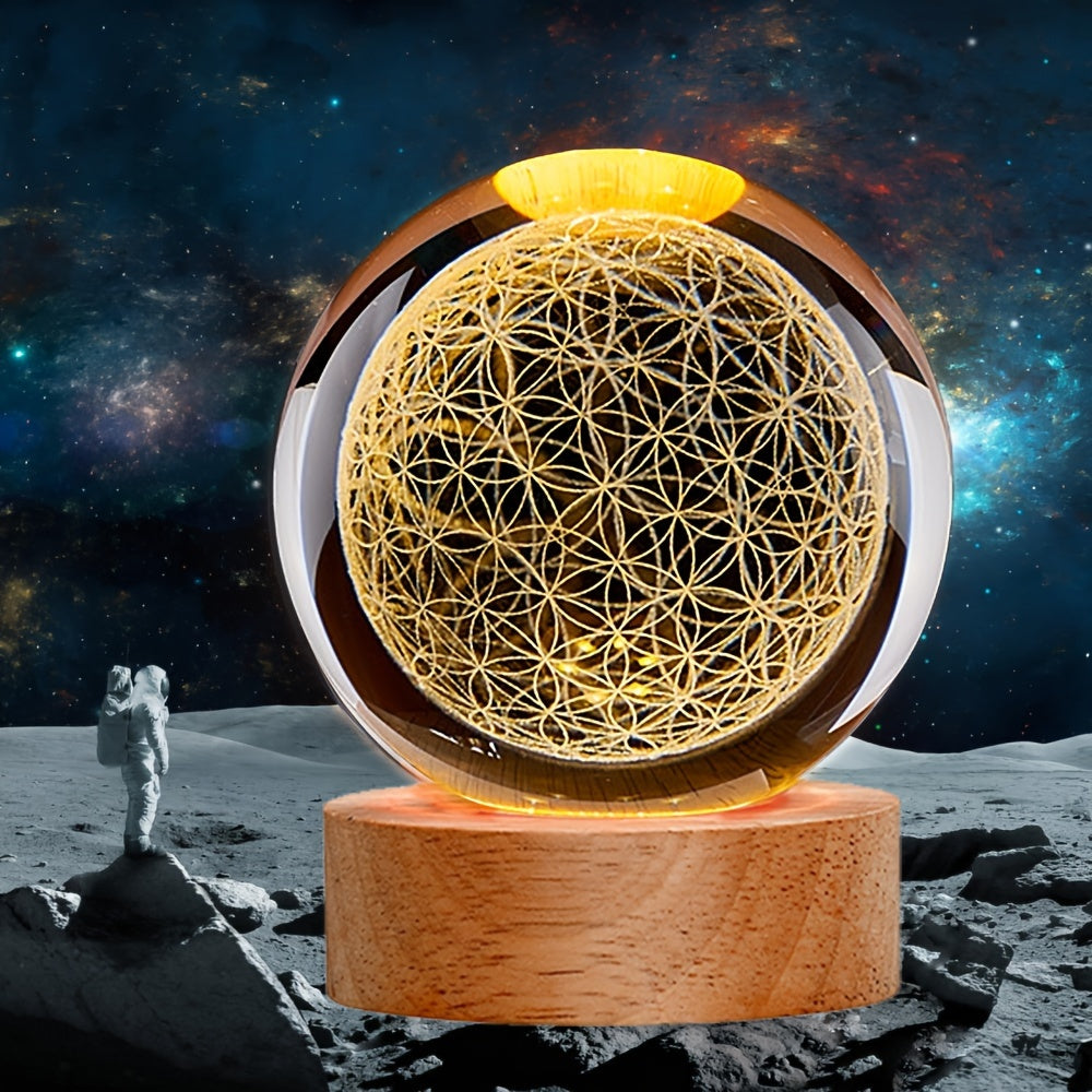 3D Flower of Life Crystal Ball Night Light - Art Deco Glass Sculpture, USB Powered Tabletop Decor for Home, Valentine's Day, Christmas, Halloween, Father's Day, Mother's Day, Graduation - Spiritual Healing Grid Globe Gift for
