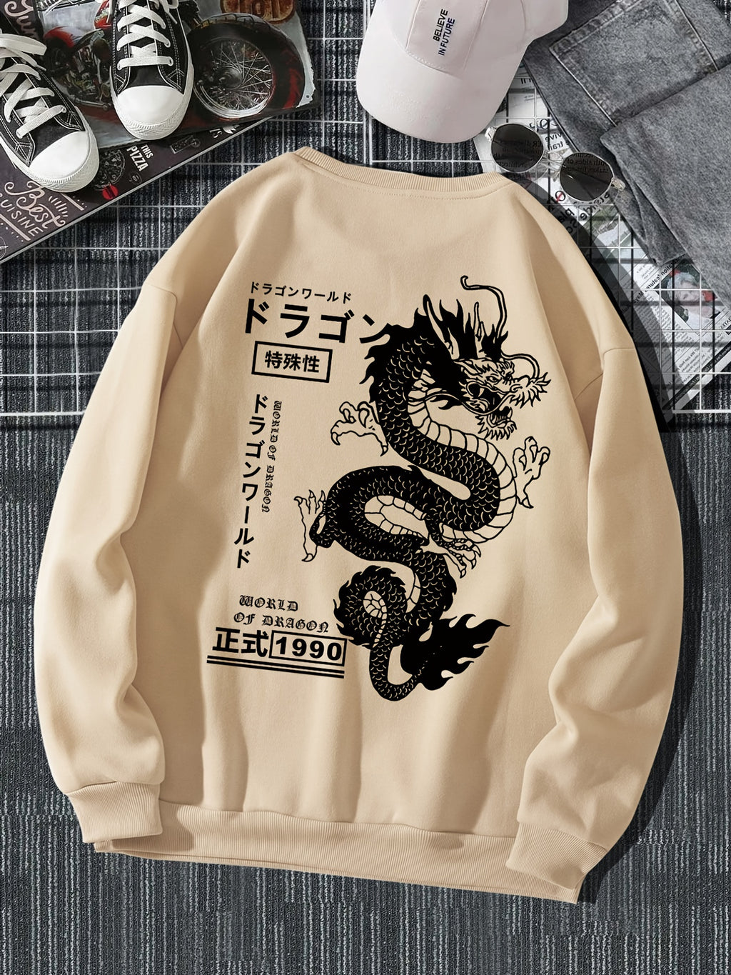 Men's Casual Japanese Characters & Chinese Dragon Print Crew Neck Sweatshirt