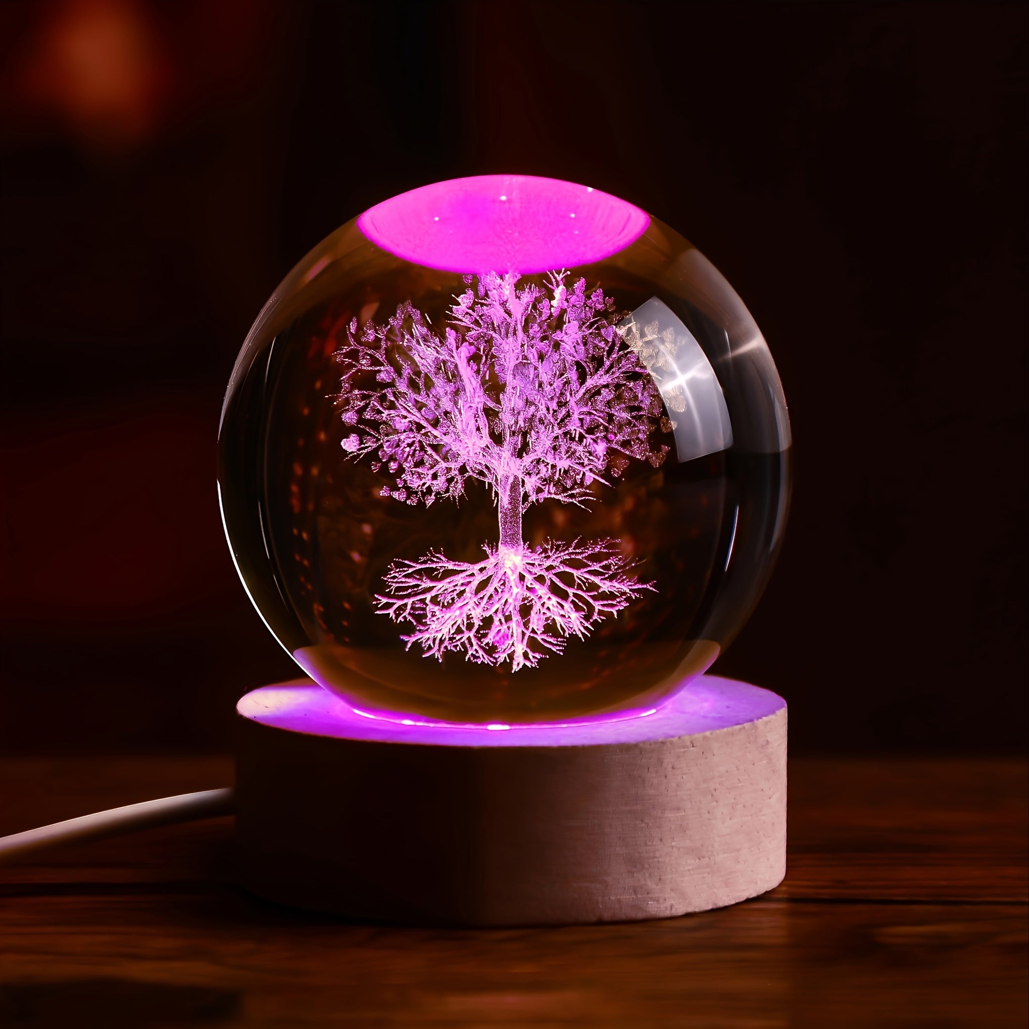 1pc Luminous 3D Interior Carved Tree Life Crystal Ball Ornament, With Wooden Base Various Colors, Small Night Light, Indoor Desktop, Life Tree, For Girlfriend, Birthday Gift, For Home Room Living Room Office Decor, Valentine'