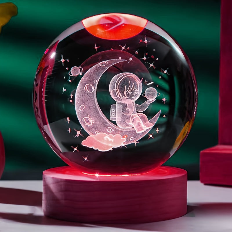 1pc 3D Carved Moon Astronaut Crystal Balls Ornament, Various Colors Base, Small Night Lights, Mom Gifts, Gifts For Her/Him, Gifts For Girlfriends, Valentine's Day Gifts, Birthday Gifts, For Home Room Living Room Office Decor