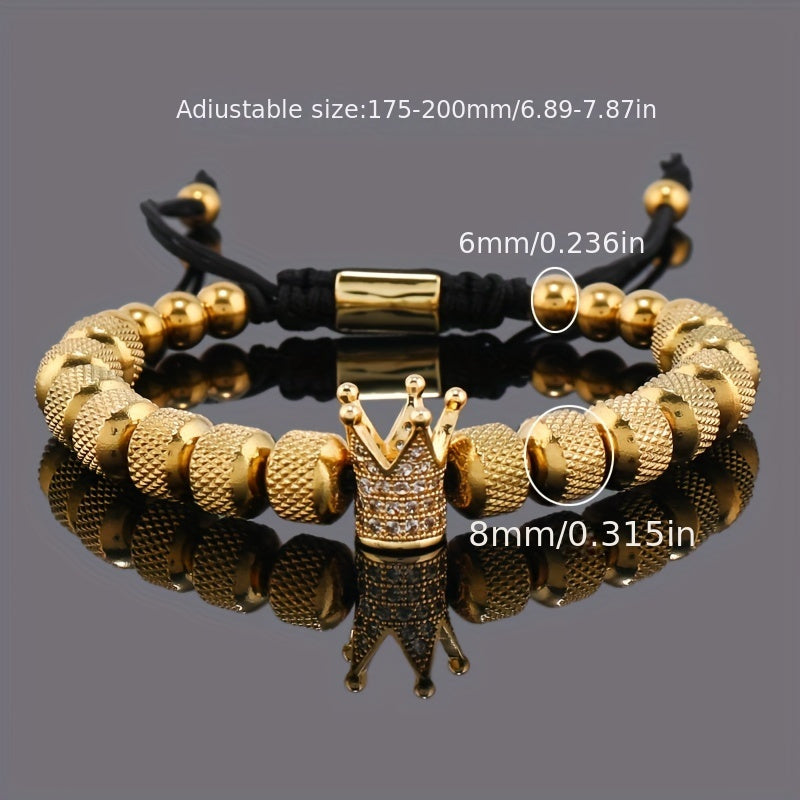 1pc CZ Golden Crown Charms Stainless Steel Beads Man Bracelet Jewelry, Valentine's Day Gift, Father's Day Gift