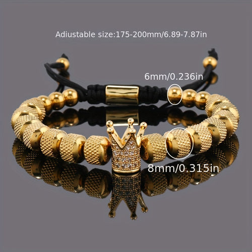 1pc CZ Golden Crown Charms Stainless Steel Beads Man Bracelet Jewelry, Valentine's Day Gift, Father's Day Gift