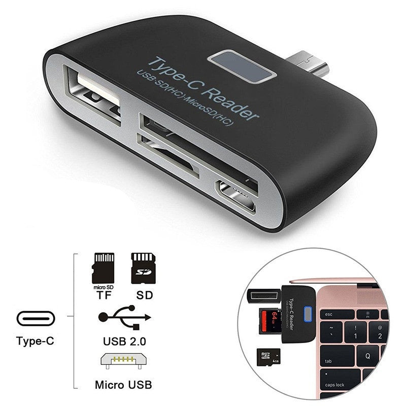Adaptador USB-C 4 en 1 Multifuncional | Lector SD/TF + USB 3.1 + Micro-USB OTG – Compatible con Laptop, PC y Smartphone