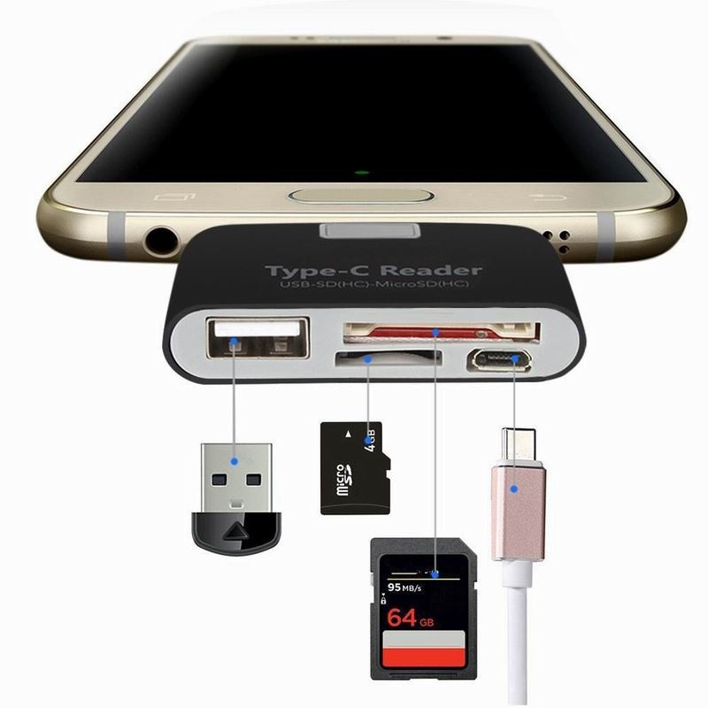Adaptador USB-C 4 en 1 Multifuncional | Lector SD/TF + USB 3.1 + Micro-USB OTG – Compatible con Laptop, PC y Smartphone