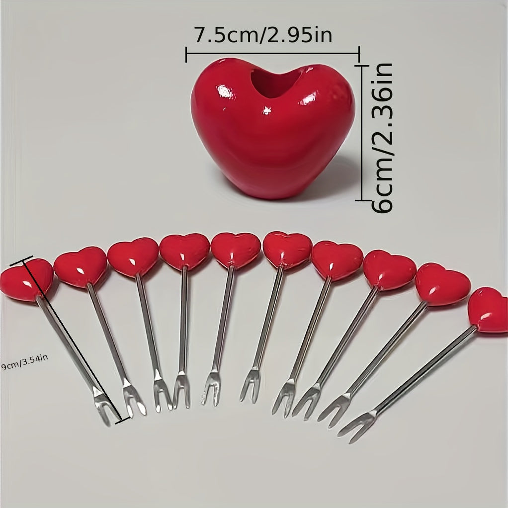 Heart-Shaped Dessert Forks Set of 11, Stainless Steel Fruit & Cake Forks, Home Snack Utensils, Ideal for Valentine's Day Party, Mother's Day, Wedding Celebrations & Eid Mubarak Festivities