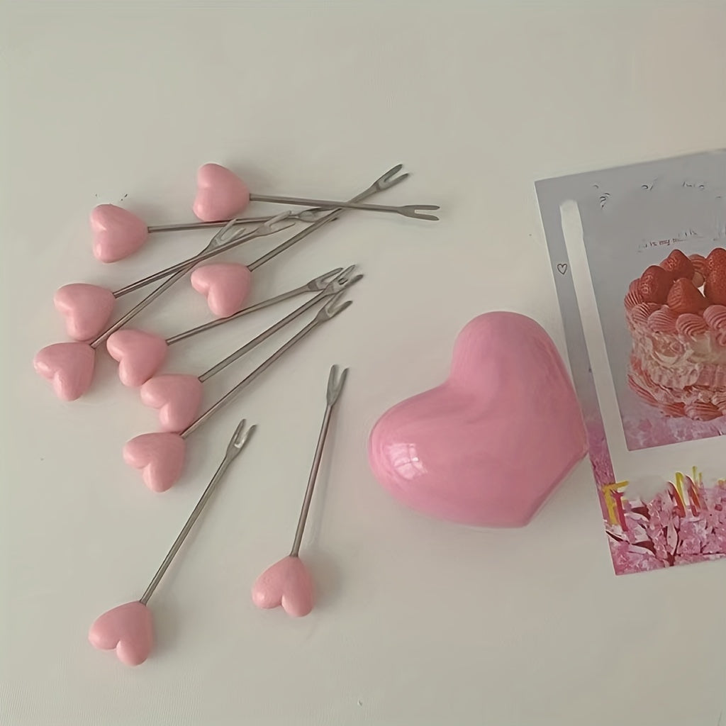 Heart-Shaped Dessert Forks Set of 11, Stainless Steel Fruit & Cake Forks, Home Snack Utensils, Ideal for Valentine's Day Party, Mother's Day, Wedding Celebrations & Eid Mubarak Festivities
