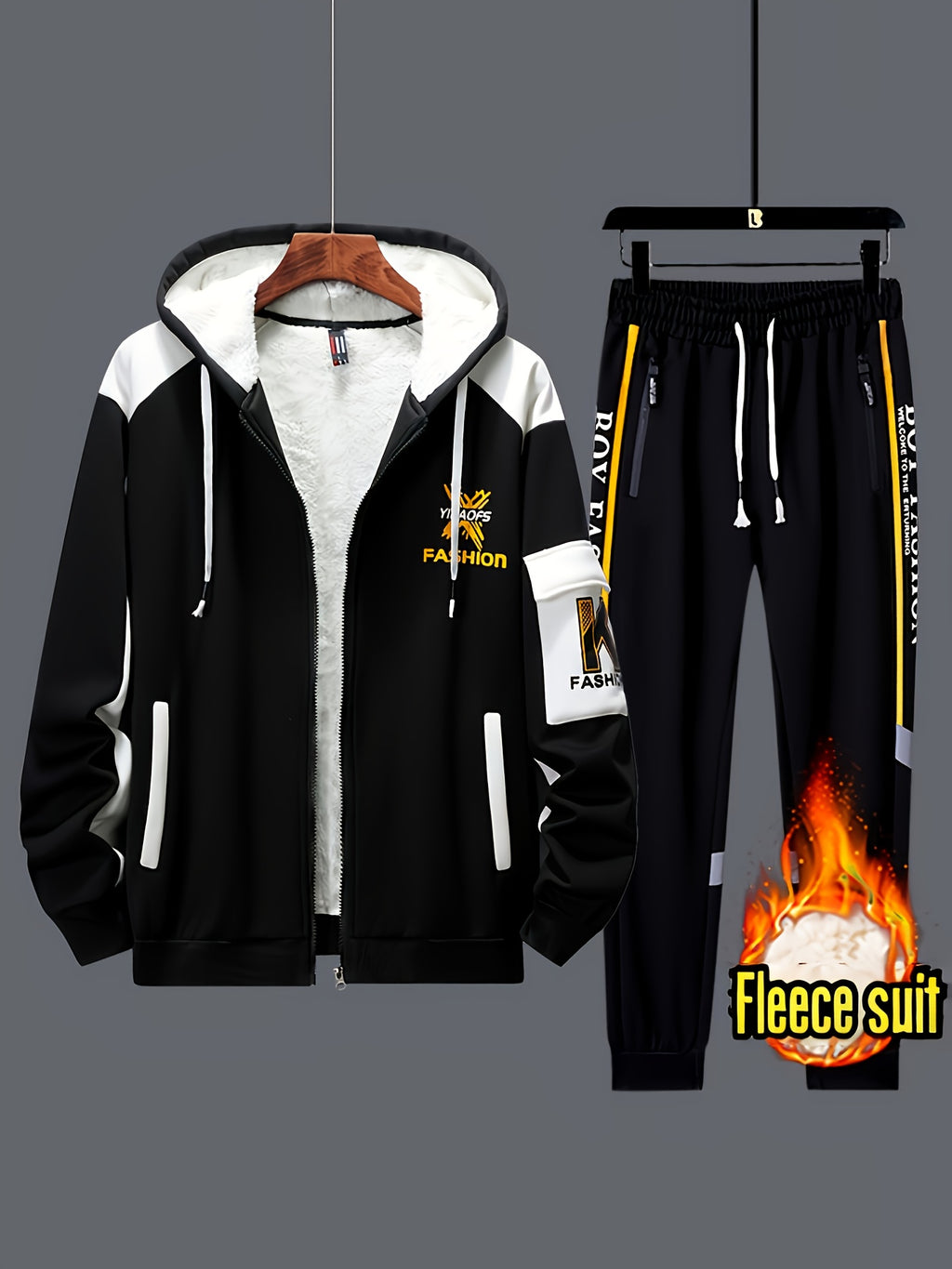 2pcs Men's Thermal Winter Jacket & Pants Set - Hooded Full-Zip Jacket with Matching Black/Yellow Track Pants, Bee Logo-like Patches (No Bees), Belted Waist & Pockets - Cold Weather Outfit for Skiing, Activities, Winter Suit M