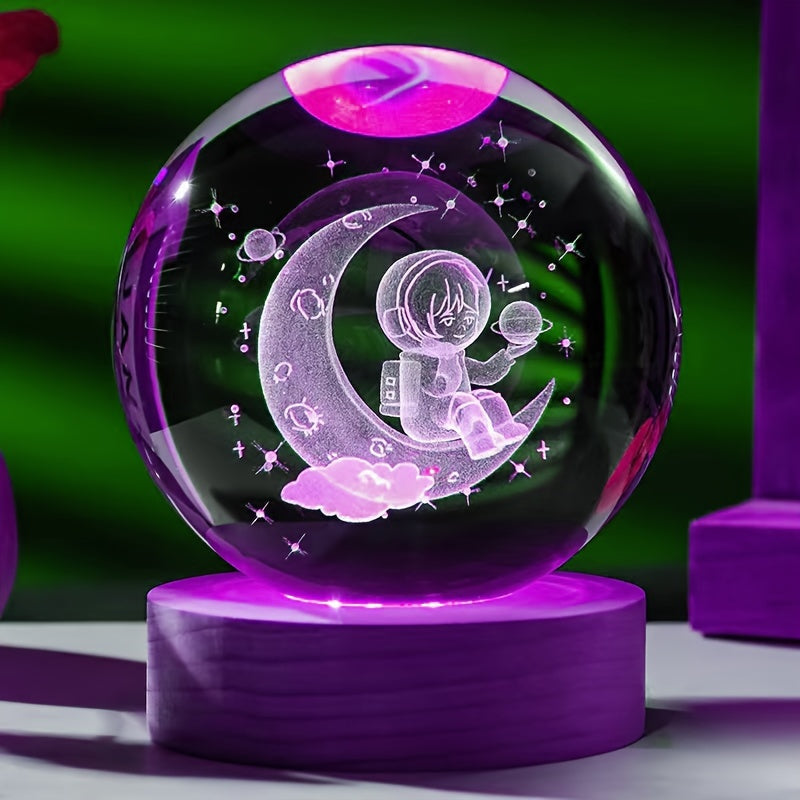 1pc 3D Carved Moon Astronaut Crystal Balls Ornament, Various Colors Base, Small Night Lights, Mom Gifts, Gifts For Her/Him, Gifts For Girlfriends, Valentine's Day Gifts, Birthday Gifts, For Home Room Living Room Office Decor