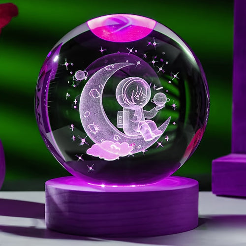 1pc 3D Carved Moon Astronaut Crystal Balls Ornament, Various Colors Base, Small Night Lights, Mom Gifts, Gifts For Her/Him, Gifts For Girlfriends, Valentine's Day Gifts, Birthday Gifts, For Home Room Living Room Office Decor