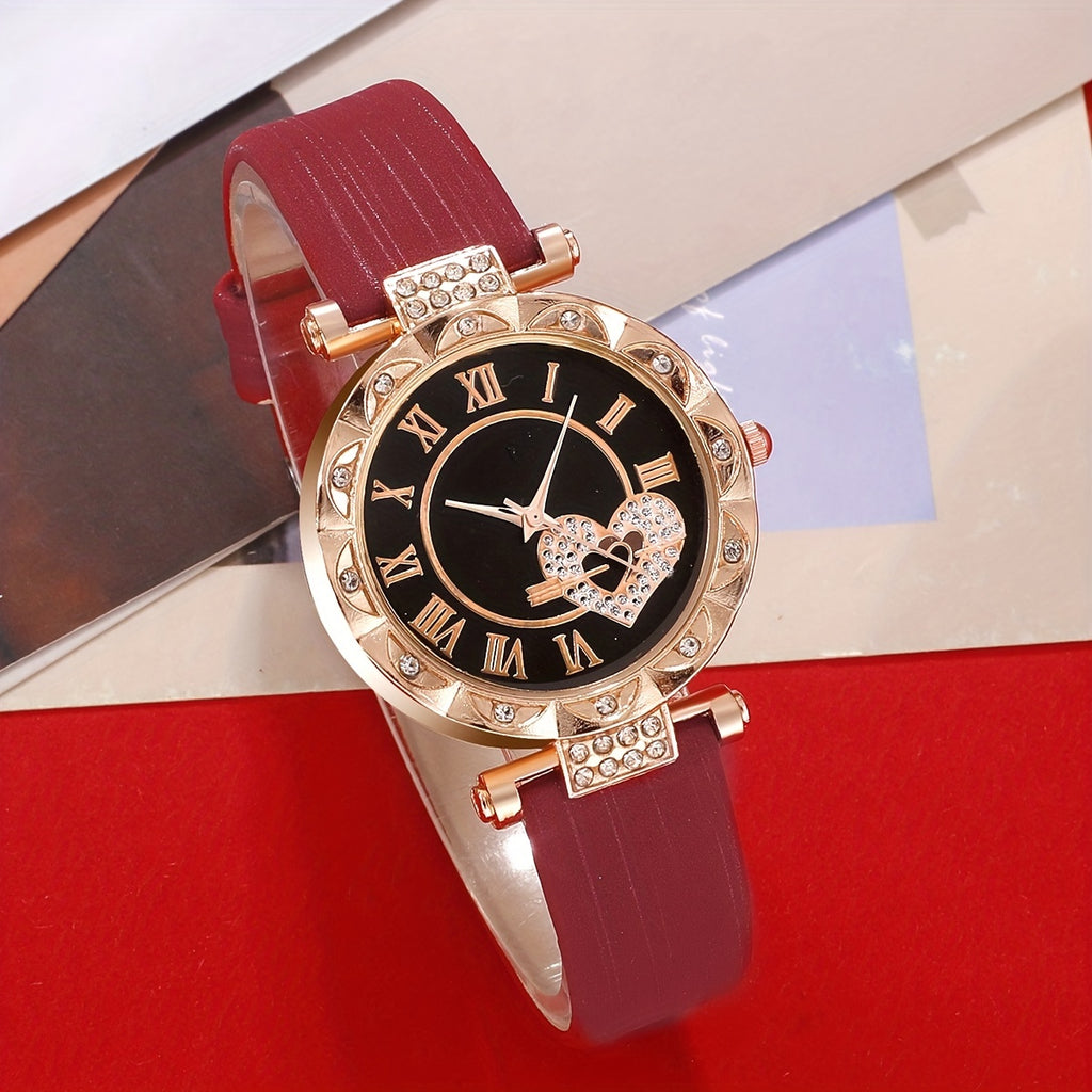 5pcs/set Women's Cute Heart Quartz Watch Elegant Rhinestone Analog Wrist Watch & Jewelry Set, Valentine's Day Gift For Her