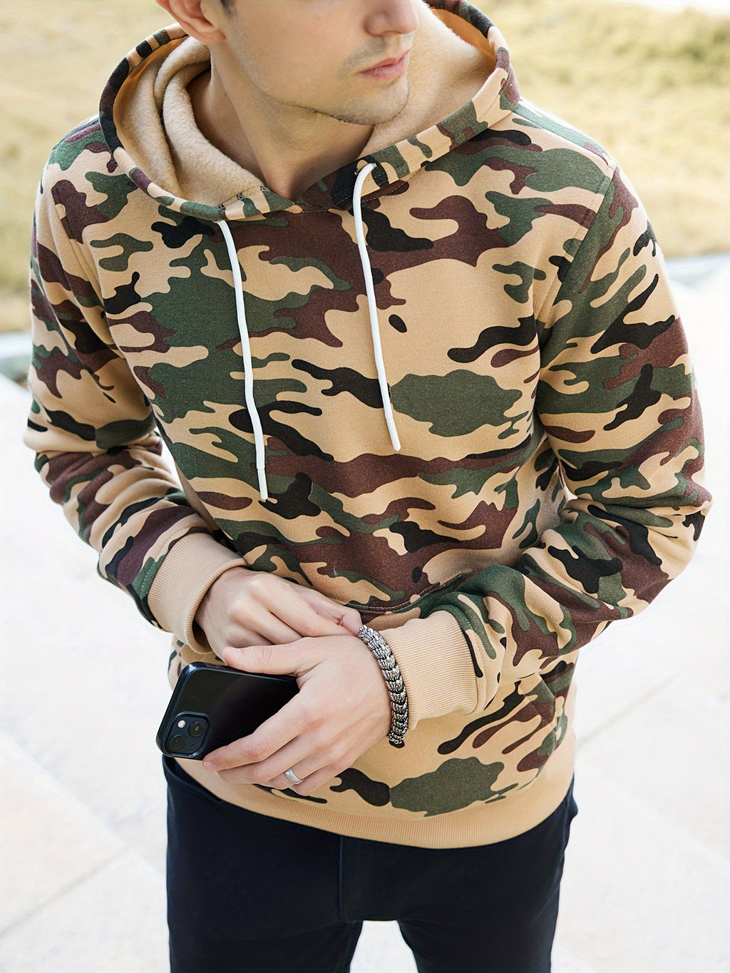 Men's Camouflage Loose Pullover Hooded Fleece Sweatshirt for Autumn And Winter, Hooded, Fleece
