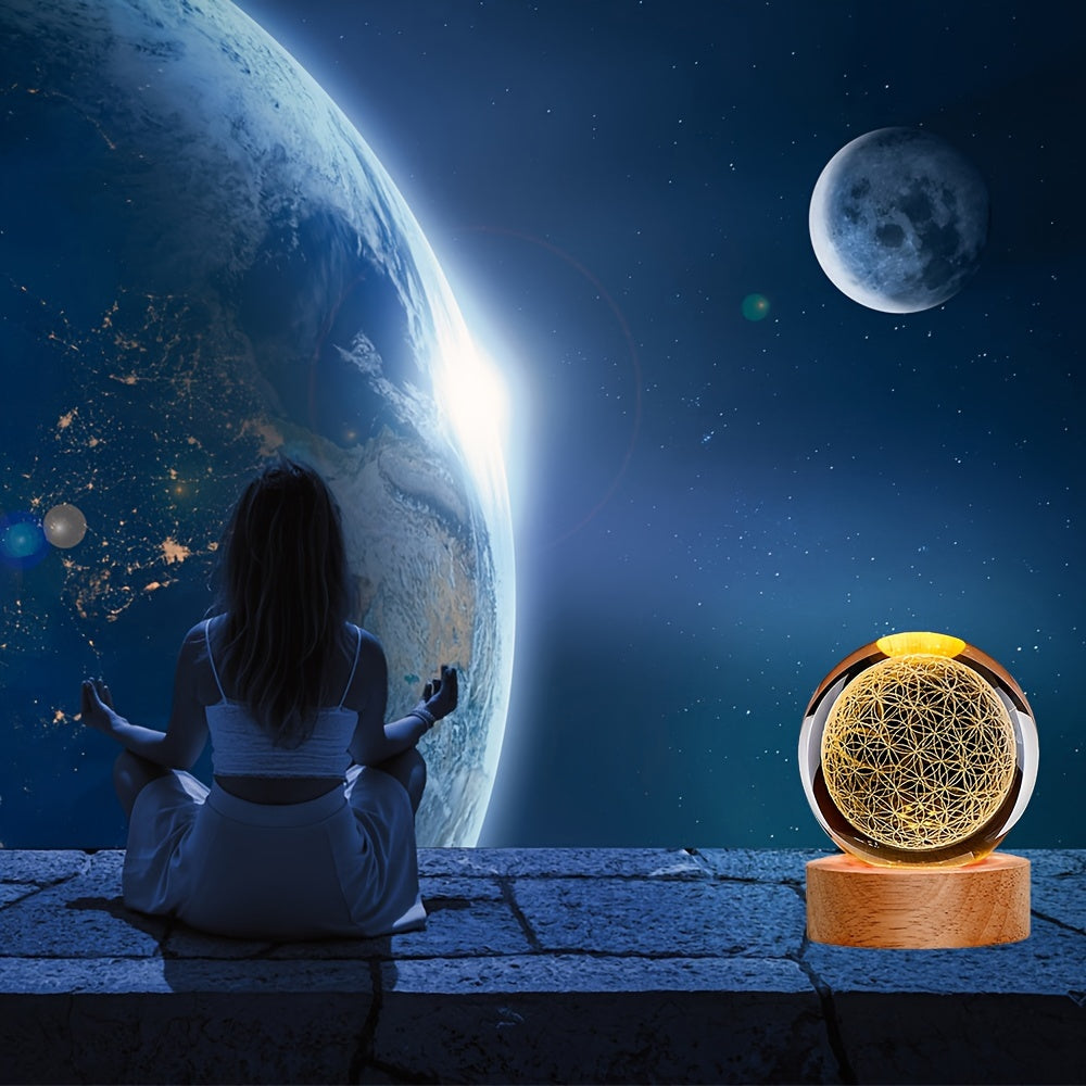 3D Flower of Life Crystal Ball Night Light - Art Deco Glass Sculpture, USB Powered Tabletop Decor for Home, Valentine's Day, Christmas, Halloween, Father's Day, Mother's Day, Graduation - Spiritual Healing Grid Globe Gift for