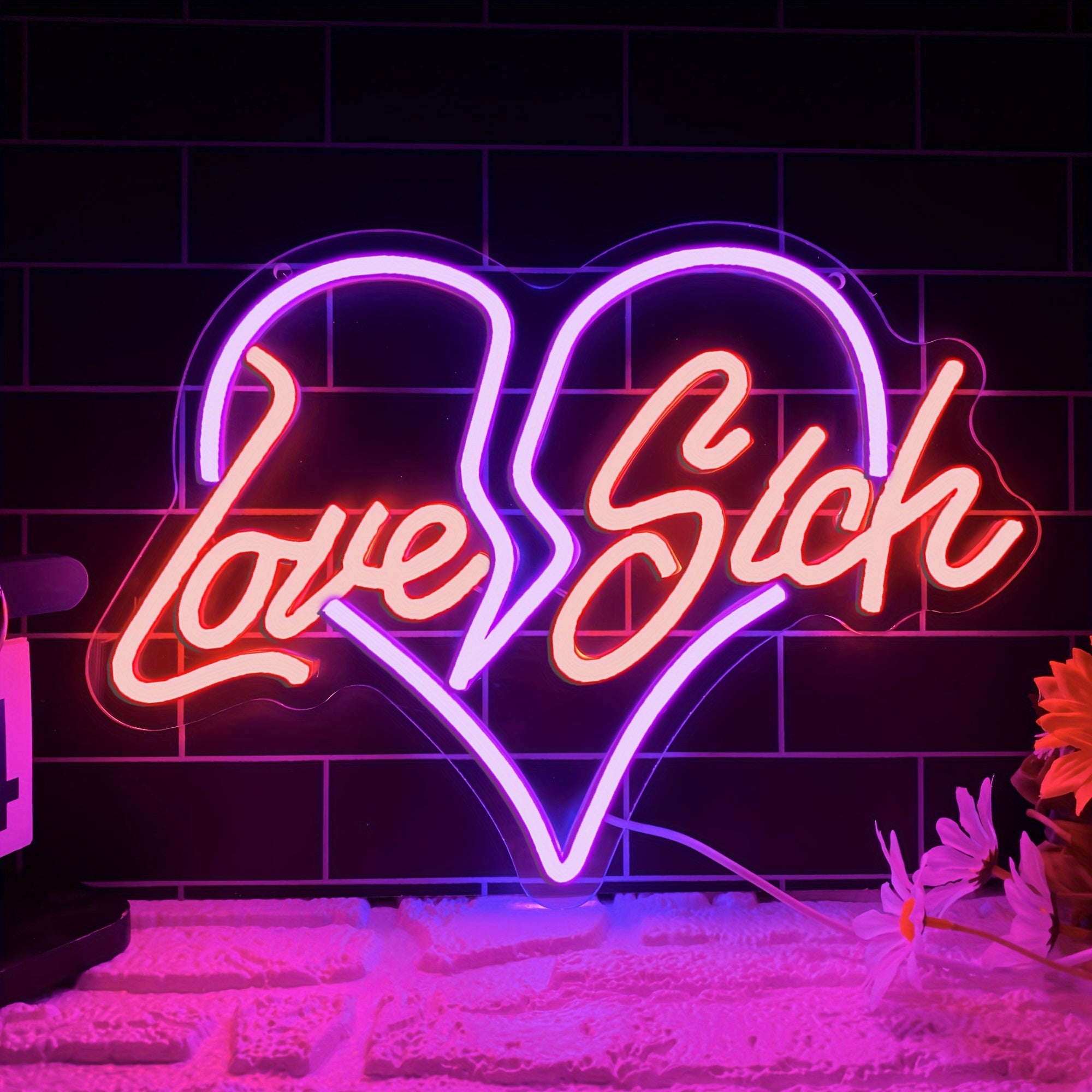 "Love Sick" Heart Neon Sign, LED Wall Decor, Plastic, USB Powered, Switch Control, No Battery, Wireless, for Bedroom, Wedding, Party, Living Room, Valentine's Day Gift