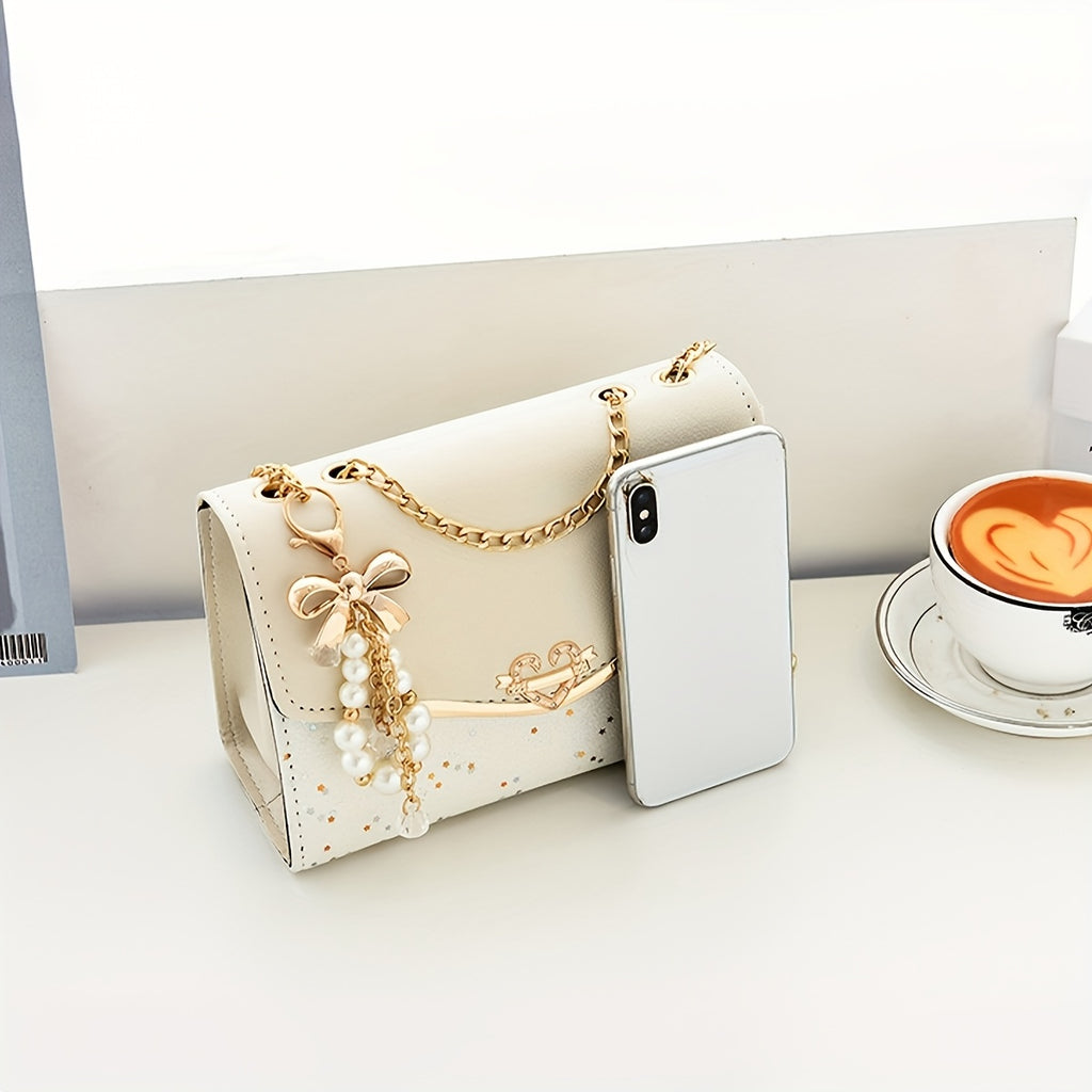 Fashionable Bohemian Beige PU Crossbody Bag with Tassel Charm - Urban Style Flap Shoulder Bag with Metal Chain Strap, Lightweight and Portable for Shopping, Office, College, Travel - Ideal Gift for Women, Occasion Theme, Vale