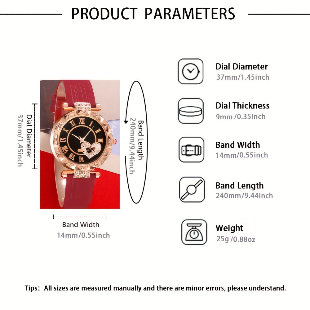 5pcs/set Women's Cute Heart Quartz Watch Elegant Rhinestone Analog Wrist Watch & Jewelry Set, Valentine's Day Gift For Her