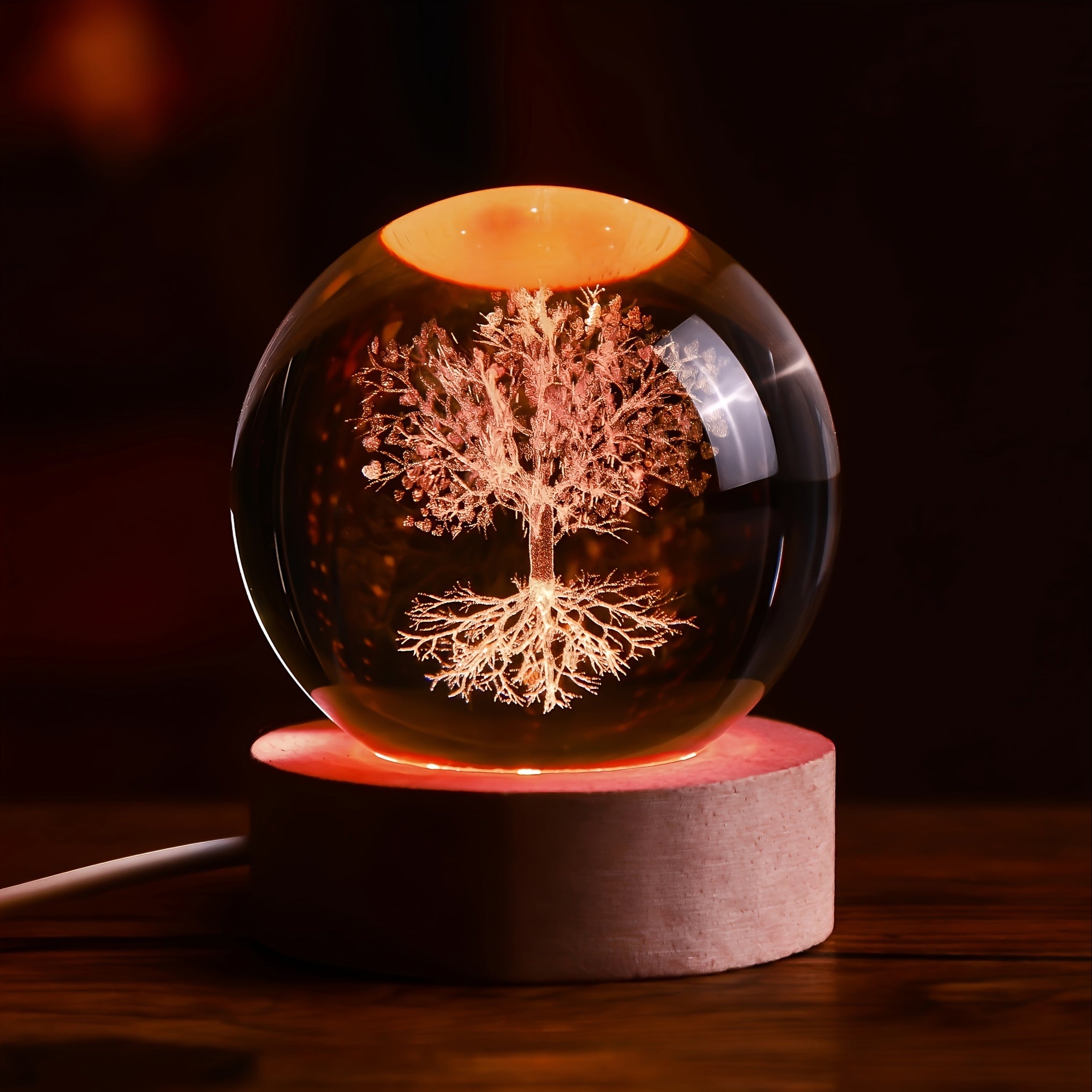 1pc Luminous 3D Interior Carved Tree Life Crystal Ball Ornament, With Wooden Base Various Colors, Small Night Light, Indoor Desktop, Life Tree, For Girlfriend, Birthday Gift, For Home Room Living Room Office Decor, Valentine'
