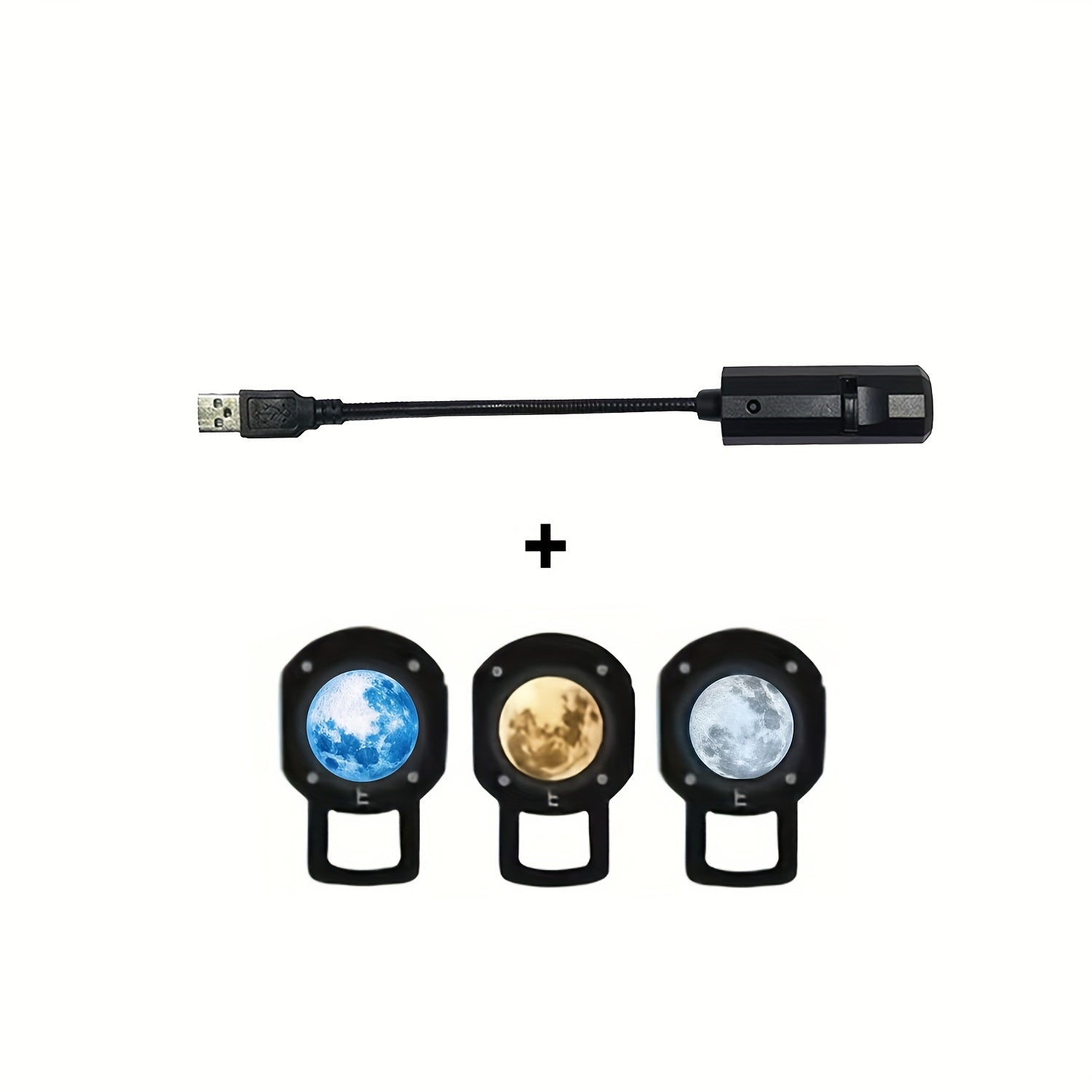 1 lamp + 3 colored moon filters (yellow, white, blue). USB plug-in portable LED projection light for bedroom ceiling photo background decoration, 360° rotatable decorative light. Perfect for Valentine's Day, proposal, weddin