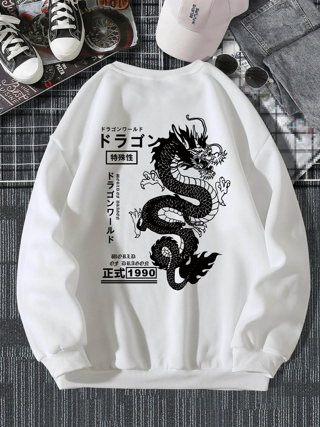 Men's Casual Japanese Characters & Chinese Dragon Print Crew Neck Sweatshirt