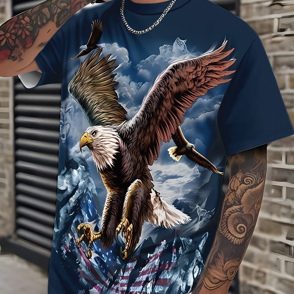 Men'S Patriotic Eagle & American Flag 3D Print T-Shirt - Navy Blue Casual Short Sleeve Round Neck Summer Tee, Regular Fit Breathable Fabric for Daily Wear & Outdoor Activities, American Flag Clothes, Comfortable Fit Shirt, Du