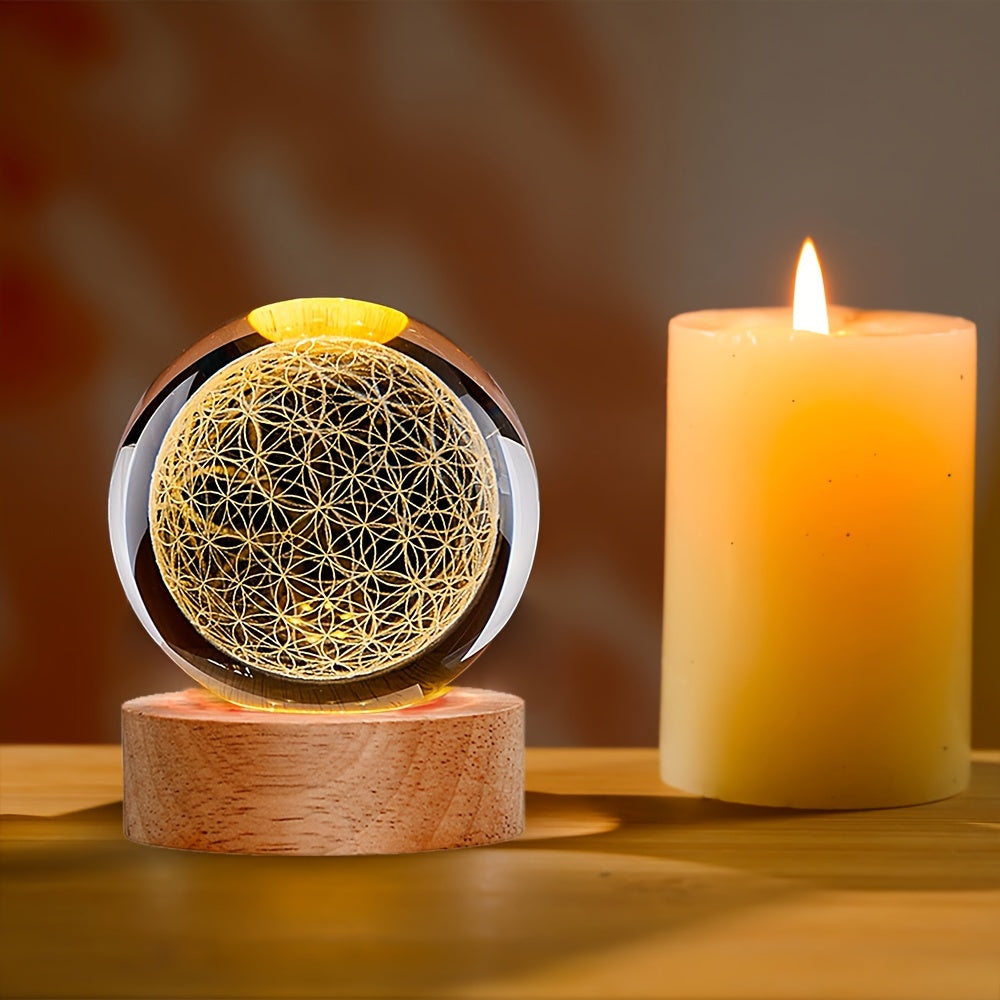 3D Flower of Life Crystal Ball Night Light - Art Deco Glass Sculpture, USB Powered Tabletop Decor for Home, Valentine's Day, Christmas, Halloween, Father's Day, Mother's Day, Graduation - Spiritual Healing Grid Globe Gift for