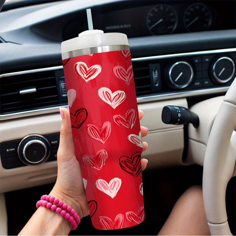1pc Valentine'S Day Heart Pattern 304 Stainless Steel Tumbler with BPA-Free Lid and Straw - Double-Wall Insulated, Leak-Proof, Portable Drinkware for Outdoor Use