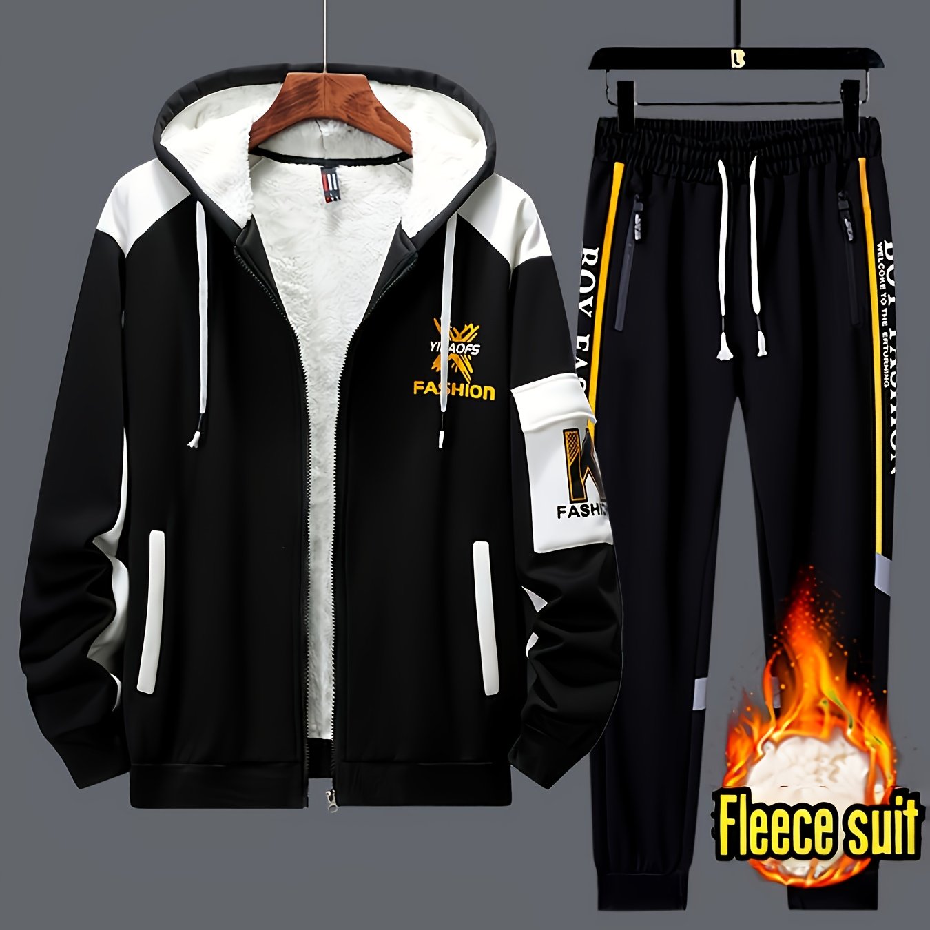 2pcs Men's Thermal Winter Jacket & Pants Set - Hooded Full-Zip Jacket with Matching Black/Yellow Track Pants, Bee Logo-like Patches (No Bees), Belted Waist & Pockets - Cold Weather Outfit for Skiing, Activities, Winter Suit M