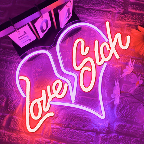 "Love Sick" Heart Neon Sign, LED Wall Decor, Plastic, USB Powered, Switch Control, No Battery, Wireless, for Bedroom, Wedding, Party, Living Room, Valentine's Day Gift