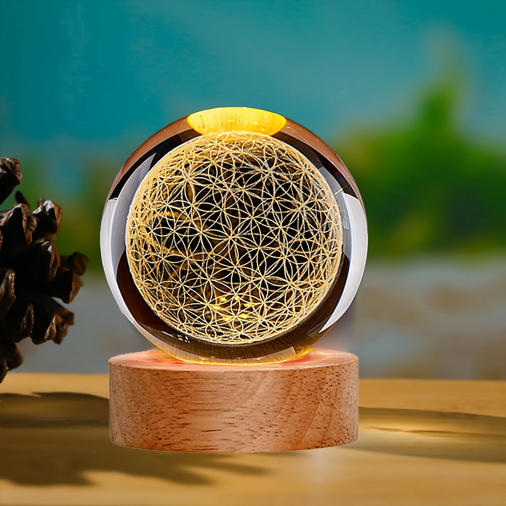 3D Flower of Life Crystal Ball Night Light - Art Deco Glass Sculpture, USB Powered Tabletop Decor for Home, Valentine's Day, Christmas, Halloween, Father's Day, Mother's Day, Graduation - Spiritual Healing Grid Globe Gift for