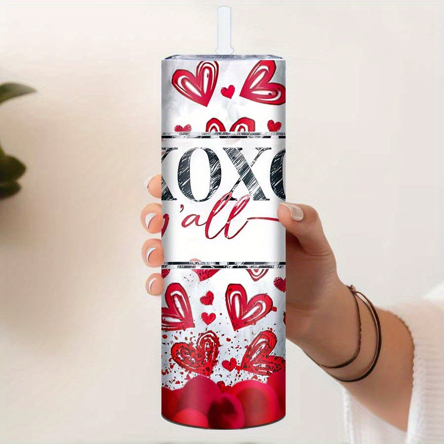 Vaso Térmico de Acero Inoxidable 20oz con Tapa y Popote | Diseño XOXO de Corazones Rojos – Regalo Ideal para San Valentín y Fechas Especiales
