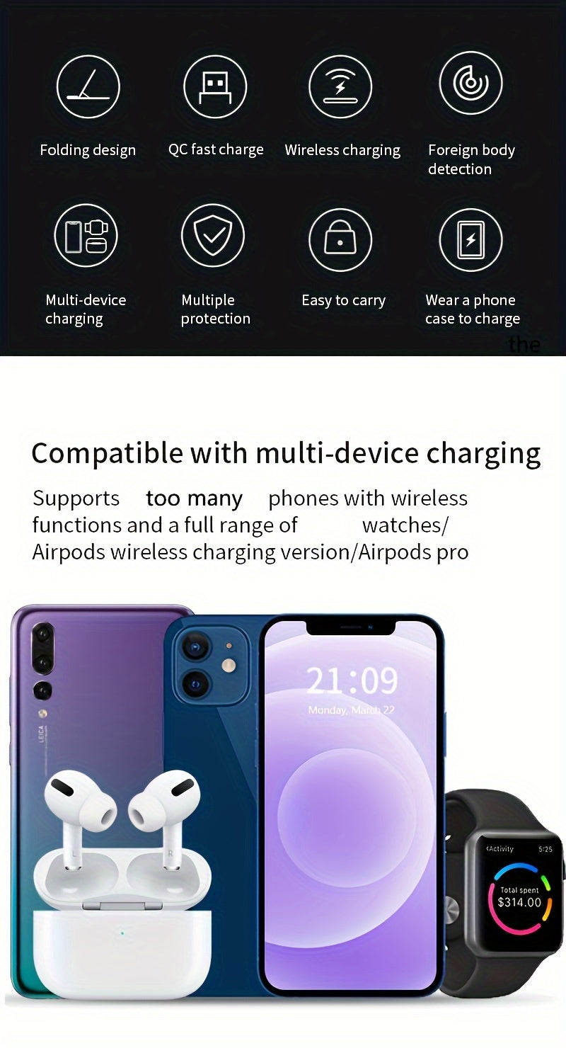 Estación de Carga Inalámbrica 3 en 1 Plegable - Cargador Rápido para iPhone, Apple Watch y AirPods