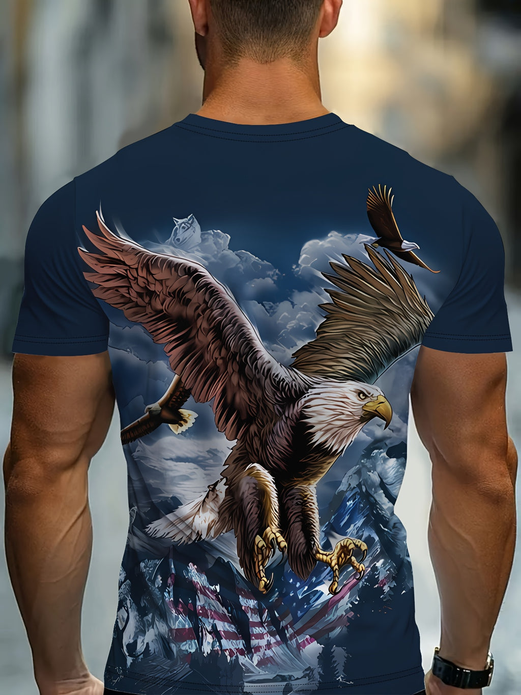 Men'S Patriotic Eagle & American Flag 3D Print T-Shirt - Navy Blue Casual Short Sleeve Round Neck Summer Tee, Regular Fit Breathable Fabric for Daily Wear & Outdoor Activities, American Flag Clothes, Comfortable Fit Shirt, Du