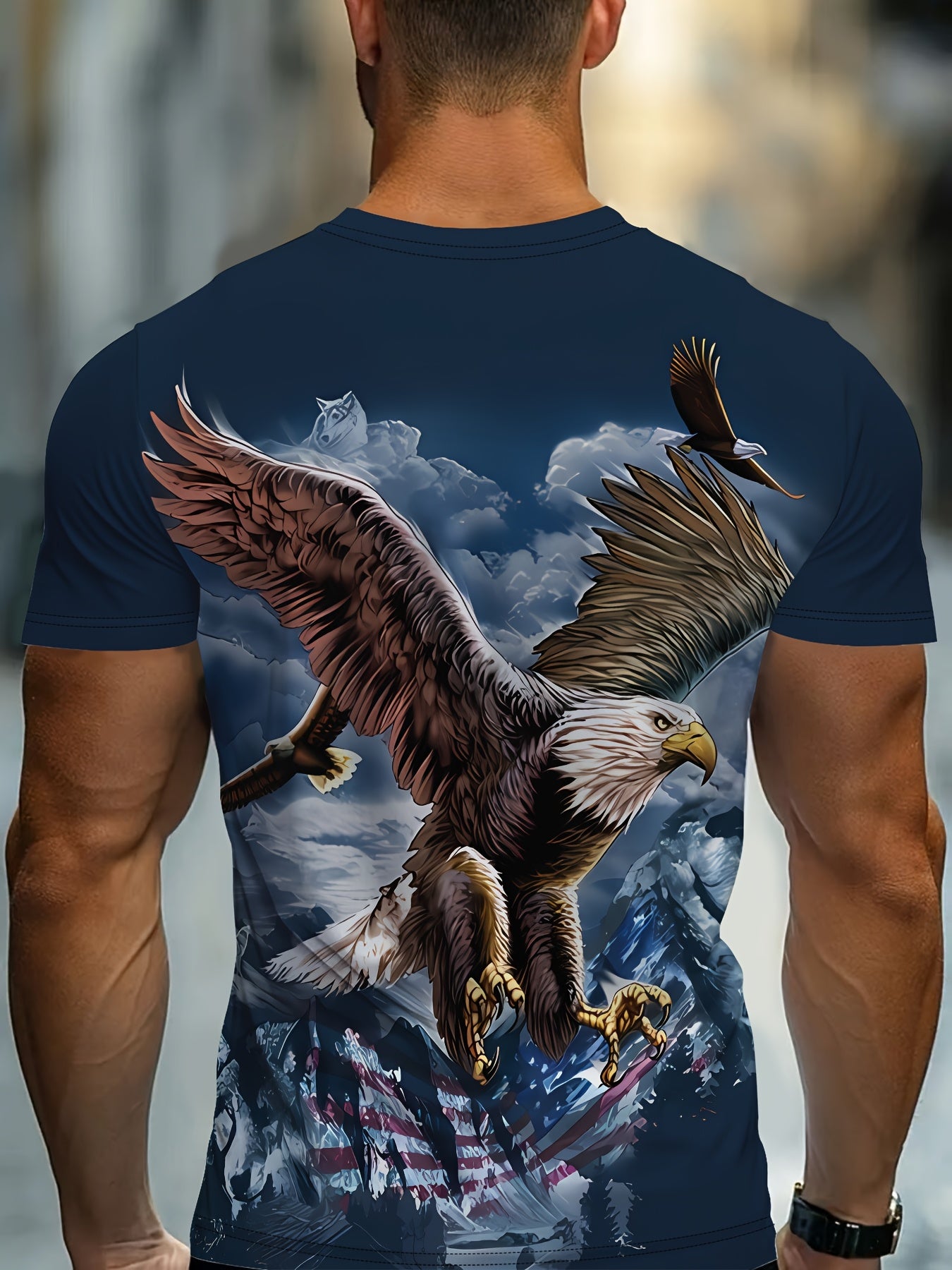 Men'S Patriotic Eagle & American Flag 3D Print T-Shirt - Navy Blue Casual Short Sleeve Round Neck Summer Tee, Regular Fit Breathable Fabric for Daily Wear & Outdoor Activities, American Flag Clothes, Comfortable Fit Shirt, Du
