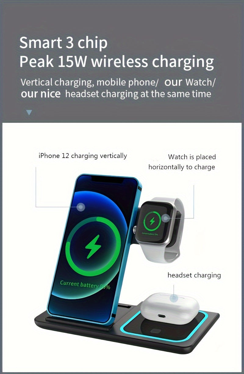 Estación de Carga Inalámbrica 3 en 1 Plegable - Cargador Rápido para iPhone, Apple Watch y AirPods