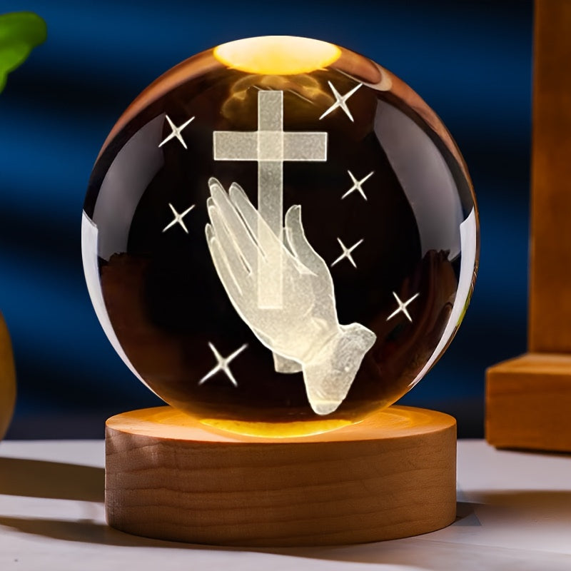 1pc Creative 3D Laser Engraved Crystal Ball LED Night Light, Living Room Bedroom Desktop Decoration Ornament Thanksgiving Day Hanukkah Cross Handheld Valentine's Day, For Wife Friends Birthday Gift