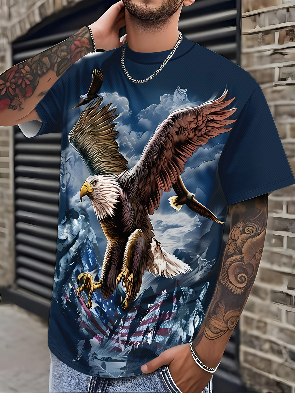 Men'S Patriotic Eagle & American Flag 3D Print T-Shirt - Navy Blue Casual Short Sleeve Round Neck Summer Tee, Regular Fit Breathable Fabric for Daily Wear & Outdoor Activities, American Flag Clothes, Comfortable Fit Shirt, Du