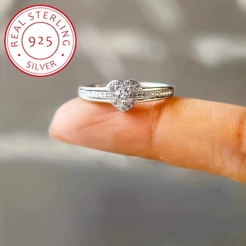 [1pc 925 Sterling Silver Heart-Shaped Ring] Elegant 925 Sterling Silver Heart-Shaped Ring, Synthetic Zirconia, Silver Plated, Hollow Double Layer Design, Boho Style, with for Daily Wear & Gift-Giving, Perfect for Valentine'S