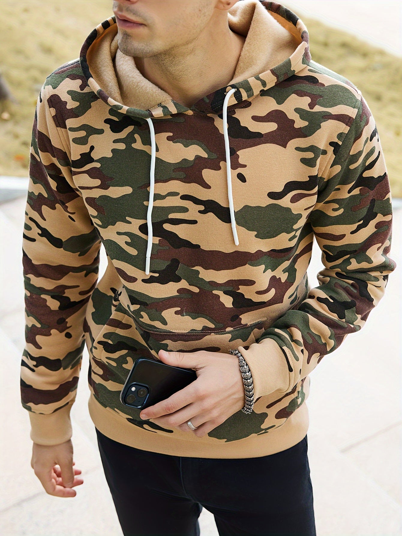 Men's Camouflage Loose Pullover Hooded Fleece Sweatshirt for Autumn And Winter, Hooded, Fleece