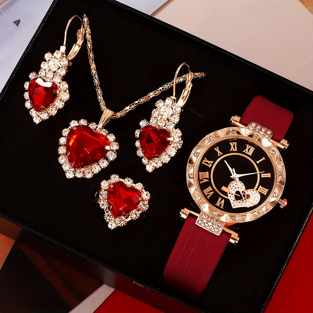 5pcs/set Women's Cute Heart Quartz Watch Elegant Rhinestone Analog Wrist Watch & Jewelry Set, Valentine's Day Gift For Her