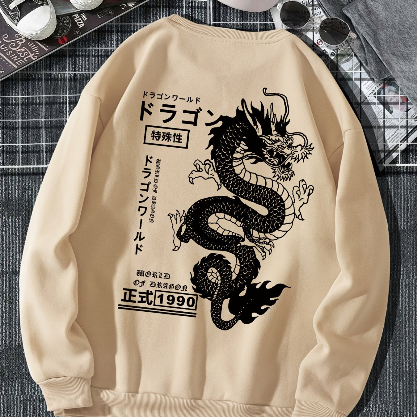 Men's Casual Japanese Characters & Chinese Dragon Print Crew Neck Sweatshirt
