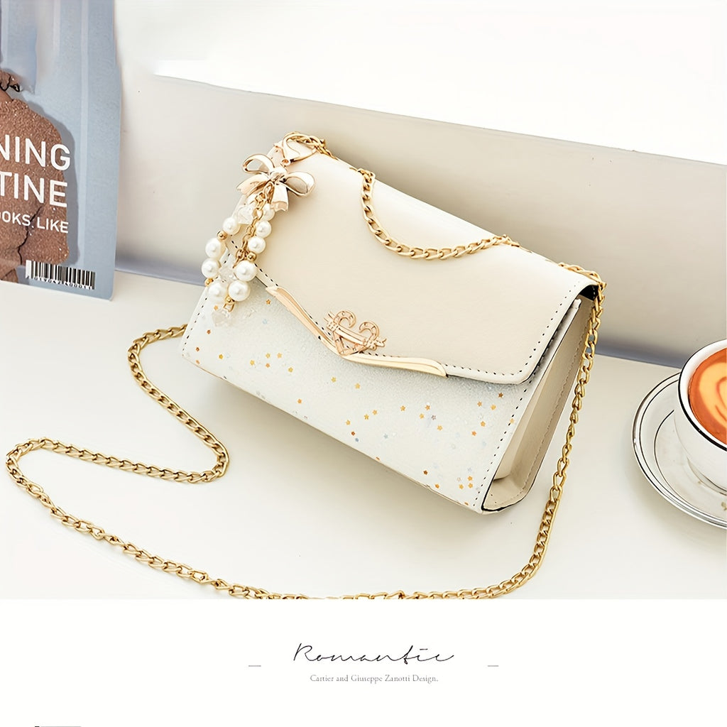 Fashionable Bohemian Beige PU Crossbody Bag with Tassel Charm - Urban Style Flap Shoulder Bag with Metal Chain Strap, Lightweight and Portable for Shopping, Office, College, Travel - Ideal Gift for Women, Occasion Theme, Vale