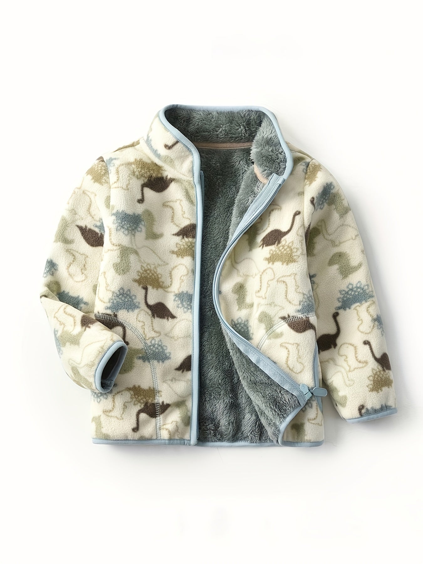 Boys' Cartoon Dinosaur Print Fleece Jacket 2022 Autumn/Winter New Arrival Baby Stand Collar Gray Thickened Plush Coat