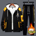 2pcs Men's Thermal Winter Jacket & Pants Set - Hooded Full-Zip Jacket with Matching Black/Yellow Track Pants, Bee Logo-like Patches (No Bees), Belted Waist & Pockets - Cold Weather Outfit for Skiing, Activities, Winter Suit M