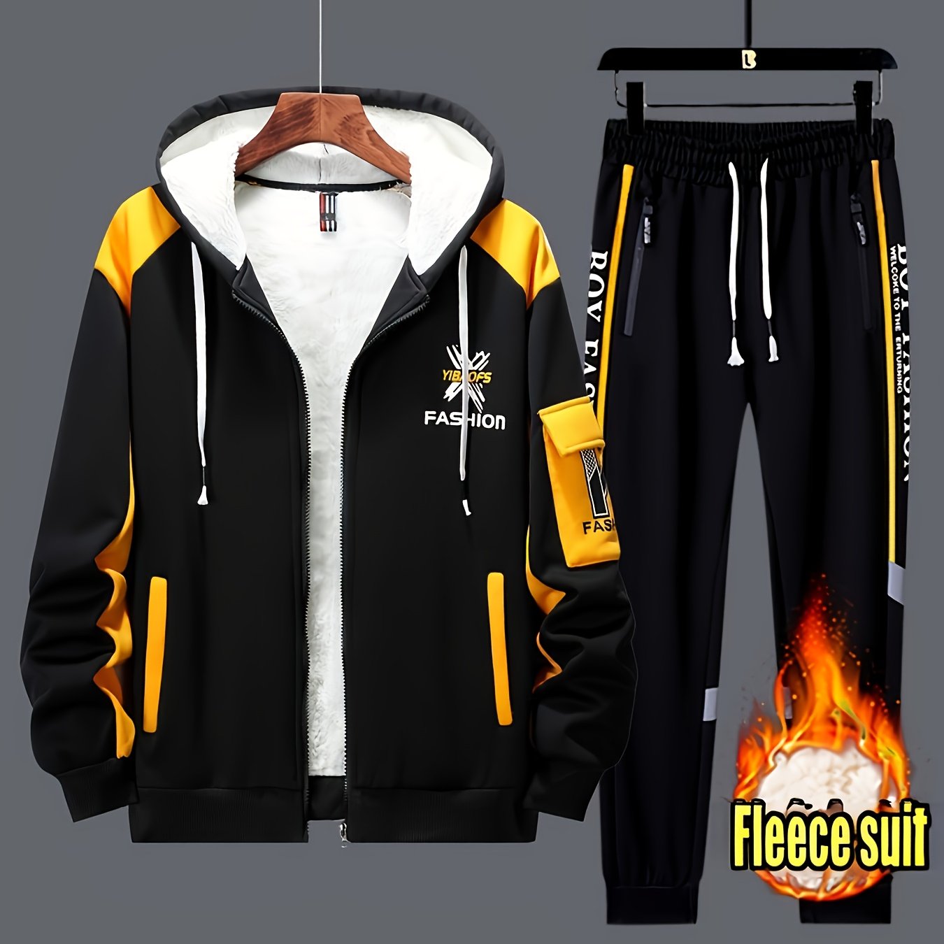 2pcs Men's Thermal Winter Jacket & Pants Set - Hooded Full-Zip Jacket with Matching Black/Yellow Track Pants, Bee Logo-like Patches (No Bees), Belted Waist & Pockets - Cold Weather Outfit for Skiing, Activities, Winter Suit M