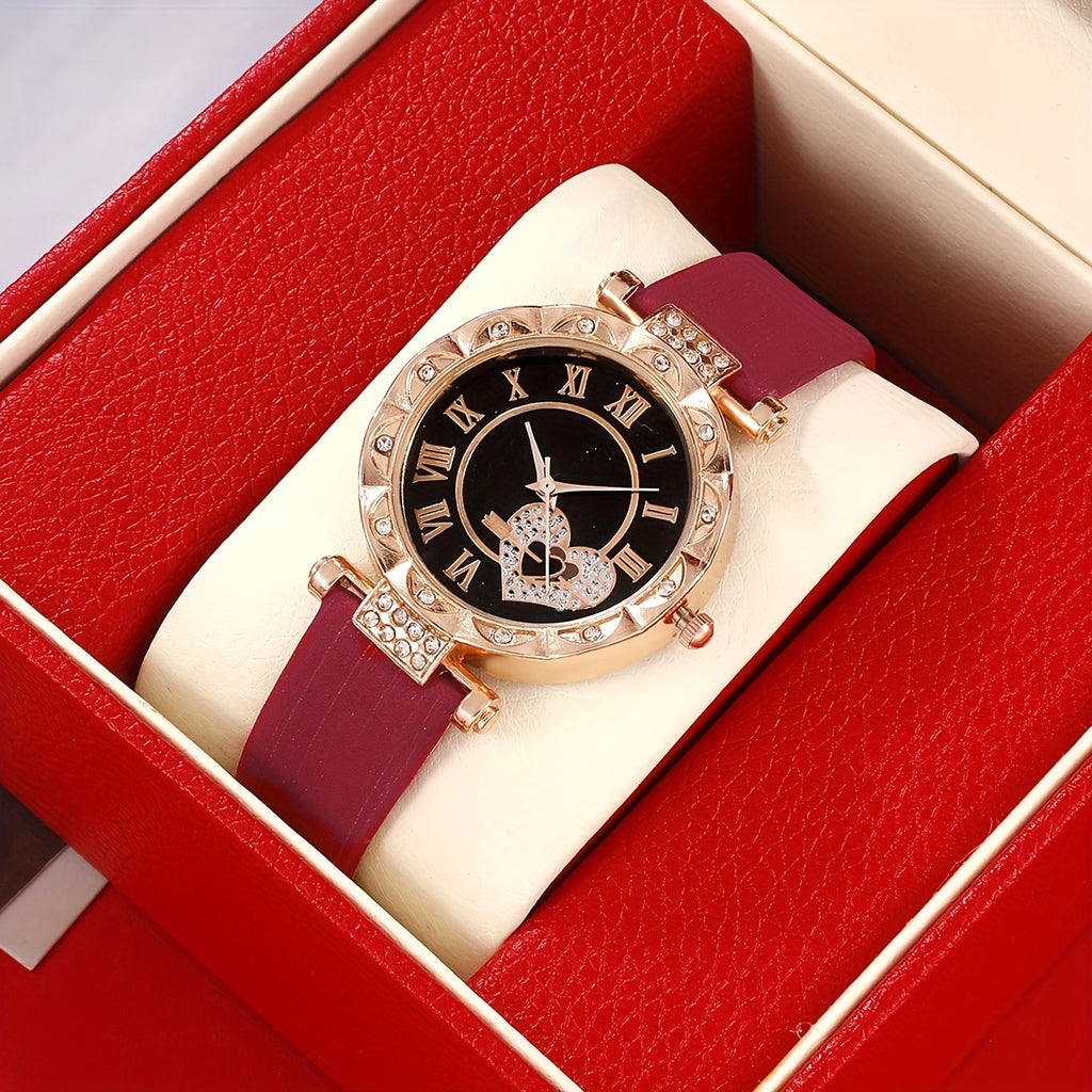 5pcs/set Women's Cute Heart Quartz Watch Elegant Rhinestone Analog Wrist Watch & Jewelry Set, Valentine's Day Gift For Her