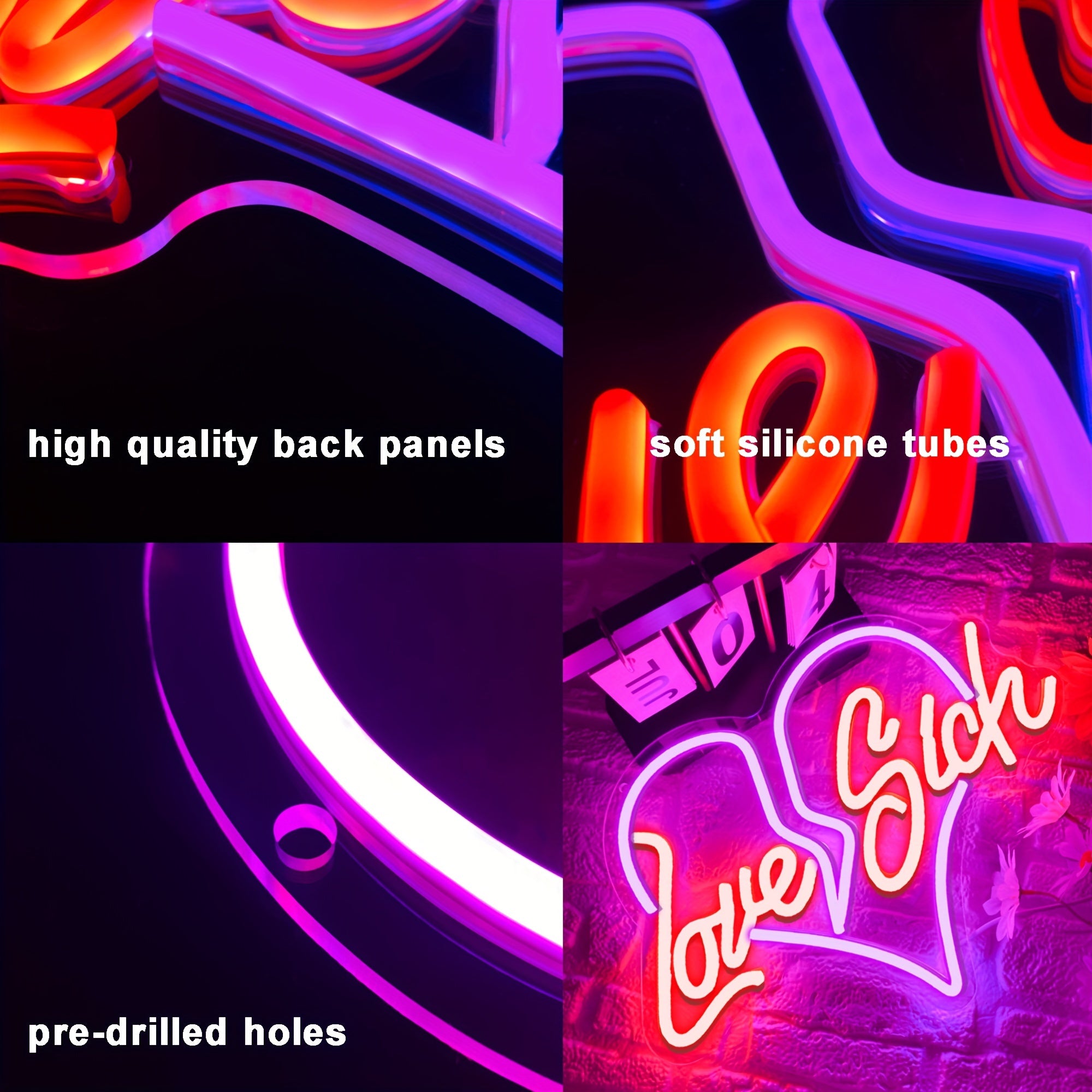 "Love Sick" Heart Neon Sign, LED Wall Decor, Plastic, USB Powered, Switch Control, No Battery, Wireless, for Bedroom, Wedding, Party, Living Room, Valentine's Day Gift
