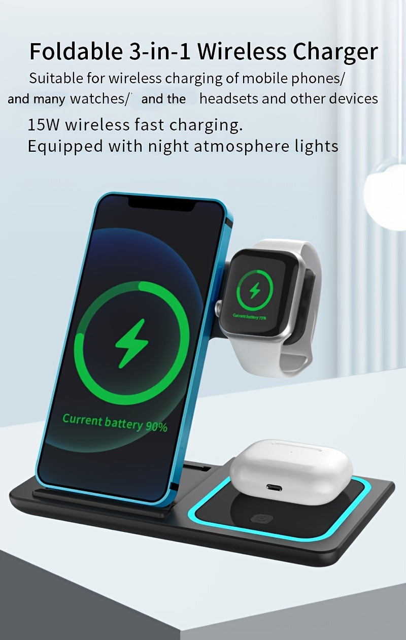 Estación de Carga Inalámbrica 3 en 1 Plegable - Cargador Rápido para iPhone, Apple Watch y AirPods