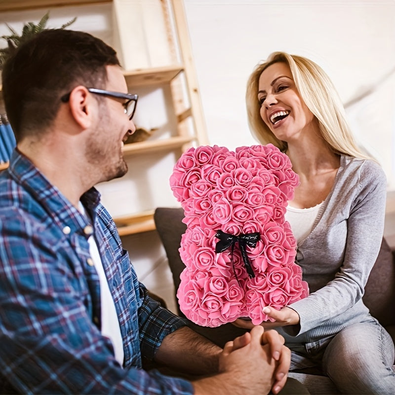 Valentine's Day Artificial Rose Bear - Mother's Day, Christmas, Hanukkah, Thanksgiving Gift - Plastic Forever Roses Home Decor for Proposal, Anniversary, Girlfriend
