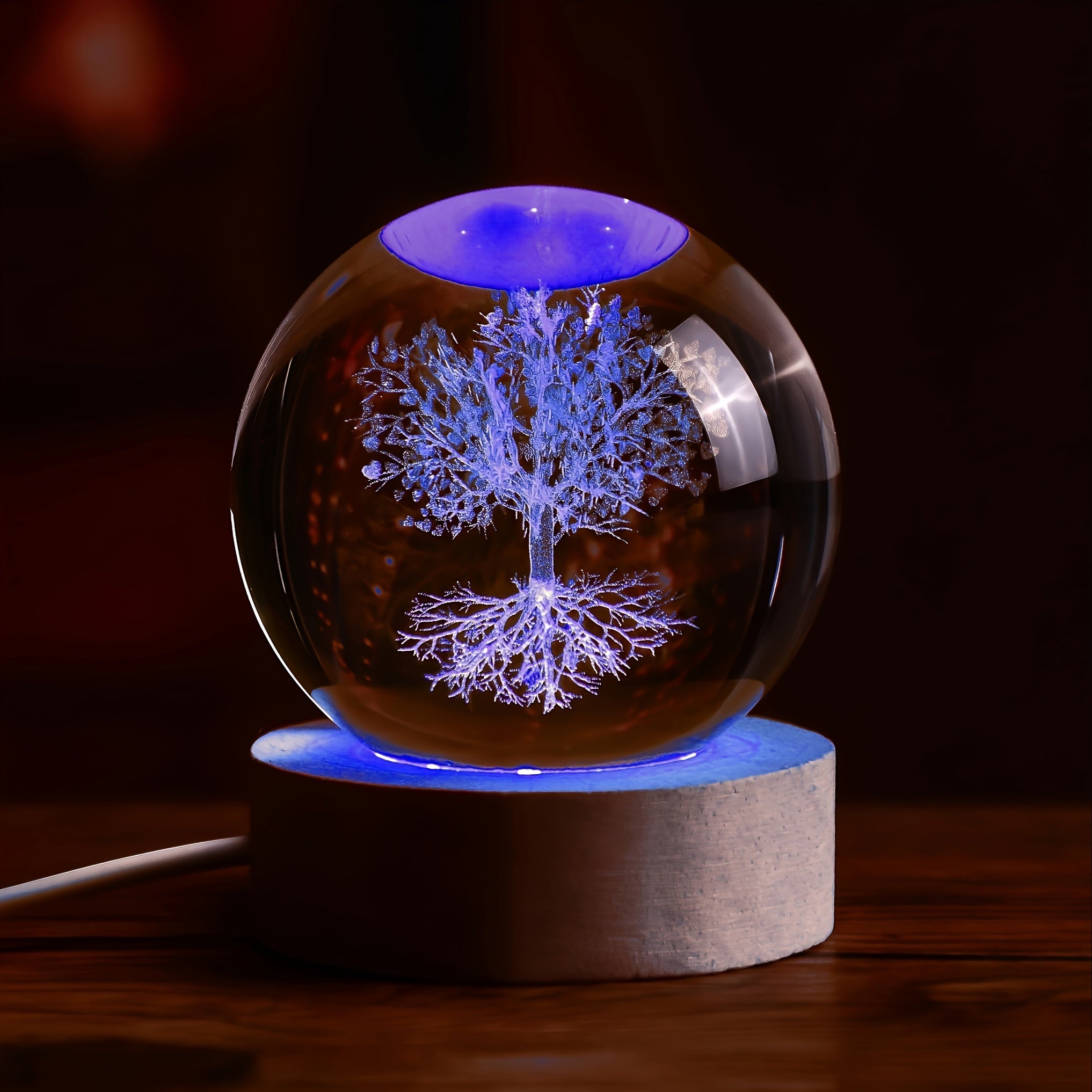 1pc Luminous 3D Interior Carved Tree Life Crystal Ball Ornament, With Wooden Base Various Colors, Small Night Light, Indoor Desktop, Life Tree, For Girlfriend, Birthday Gift, For Home Room Living Room Office Decor, Valentine'