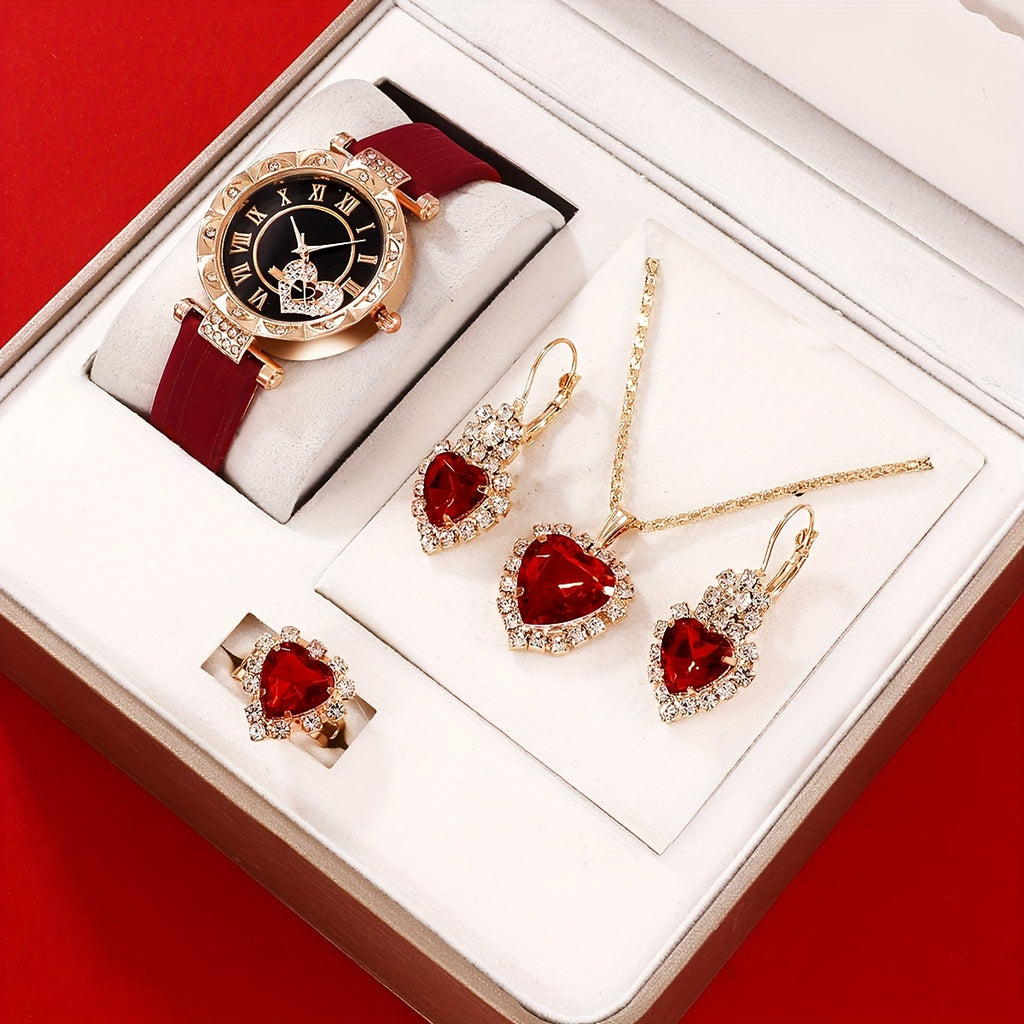 5pcs/set Women's Cute Heart Quartz Watch Elegant Rhinestone Analog Wrist Watch & Jewelry Set, Valentine's Day Gift For Her
